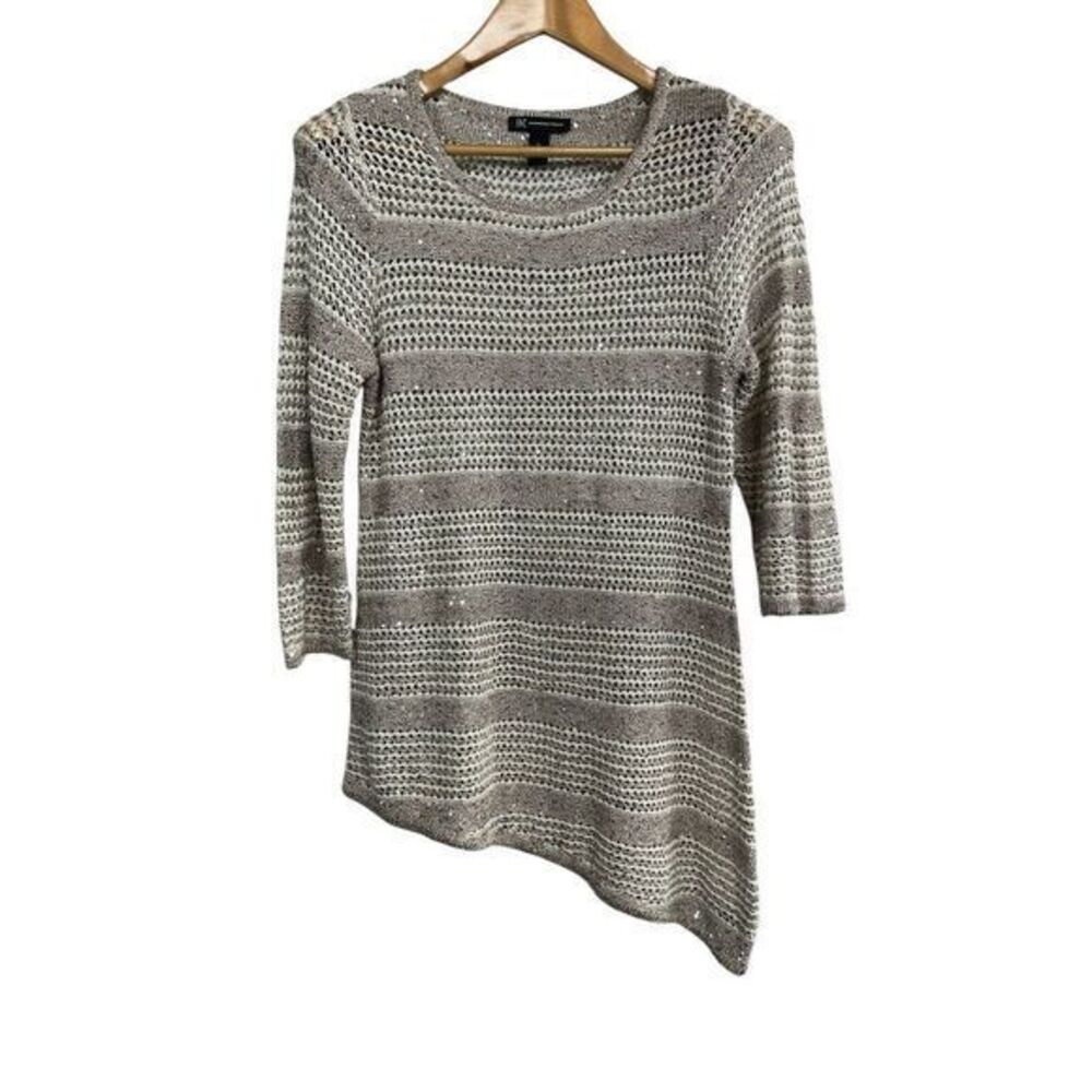 INC International Concepts Taupe and Cream Striped Asymmetrical Knit Sweater
